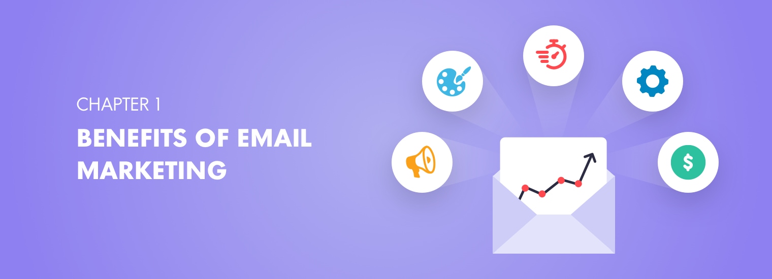  A purple background with an illustration of an email with five icons around it representing the benefits of email marketing.